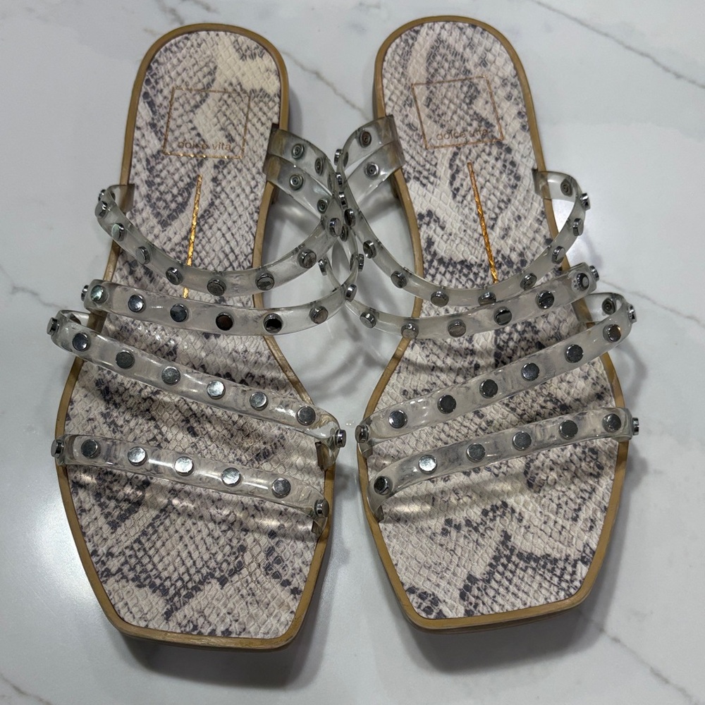 Studded Clear Strap Snake-Print Slide Sandals - Women's